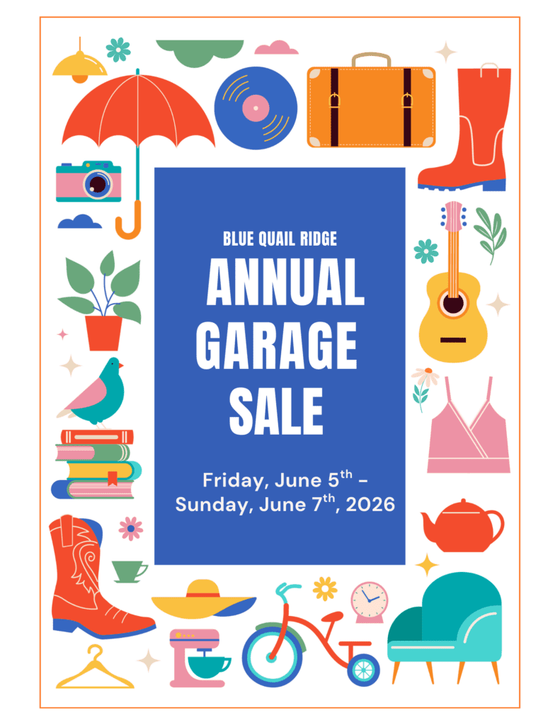 Blue Quail Ridge Annual Garage Sale, June 5–7, 2026, with illustrated items like furniture, clothing, books, and household goods